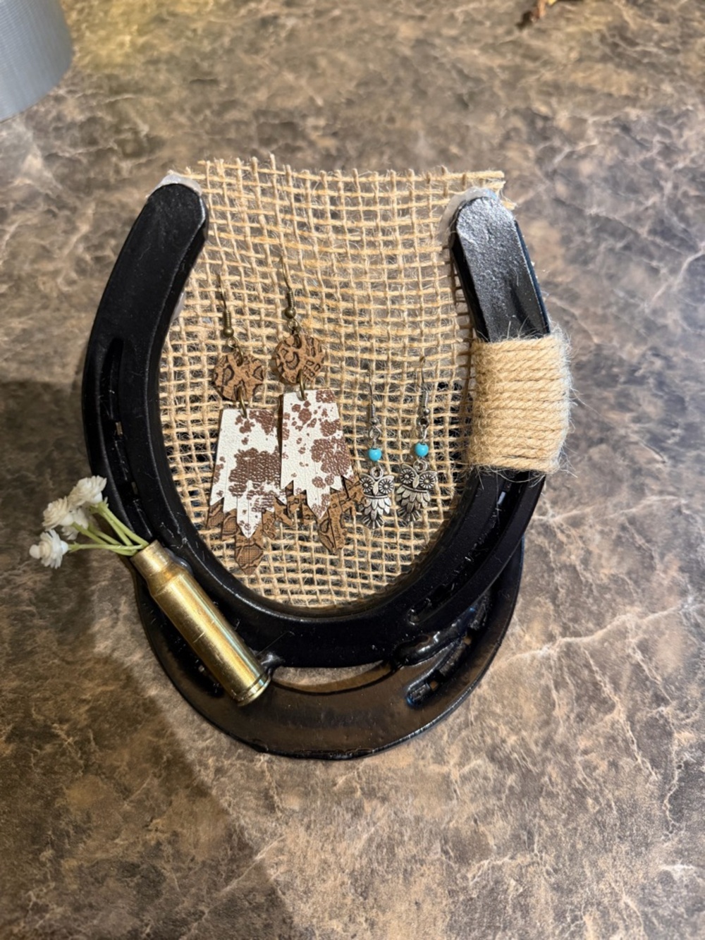 Hand Crafted Black Horseshoe Earring Display with Burlap and Twine Accents